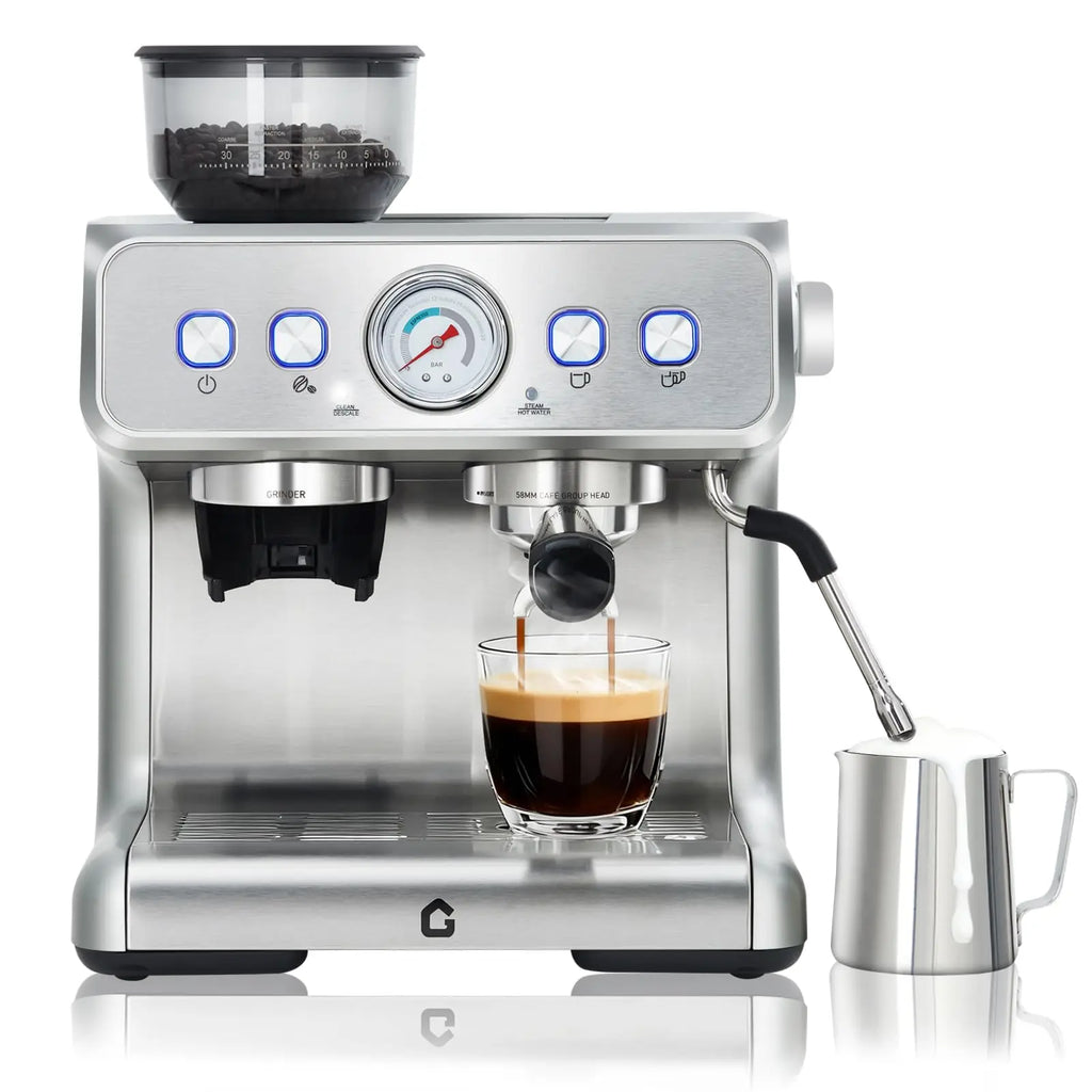 Gevi stainless steel espresso machine with integrated grinder, pressure gauge, and milk frothing pitcher.