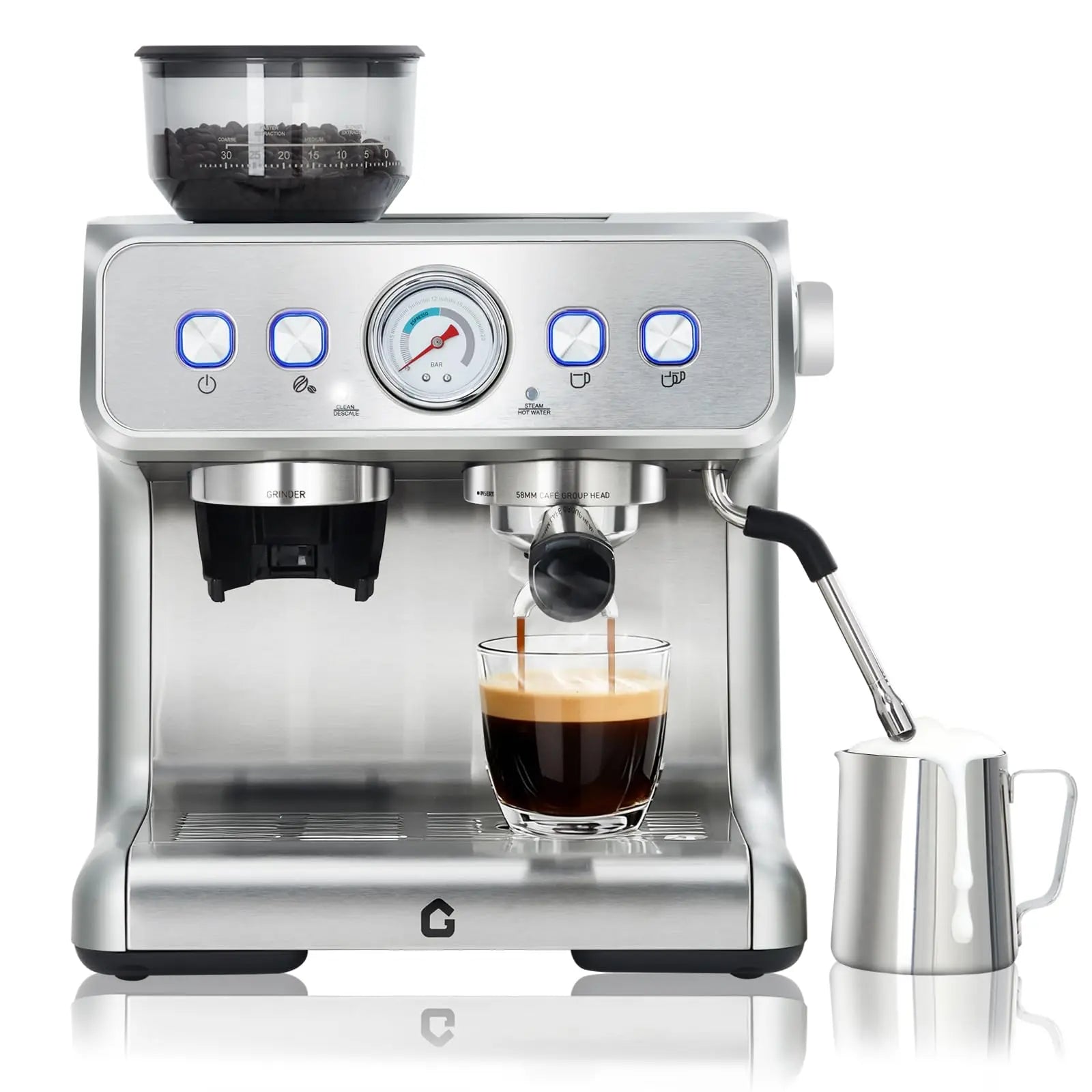 Gevi stainless steel espresso machine with integrated grinder, pressure gauge, and milk frothing pitcher.
