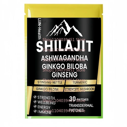 Yellow and black 30-patch pack of ashwagandha supplement for stress relief and adaptogen support.