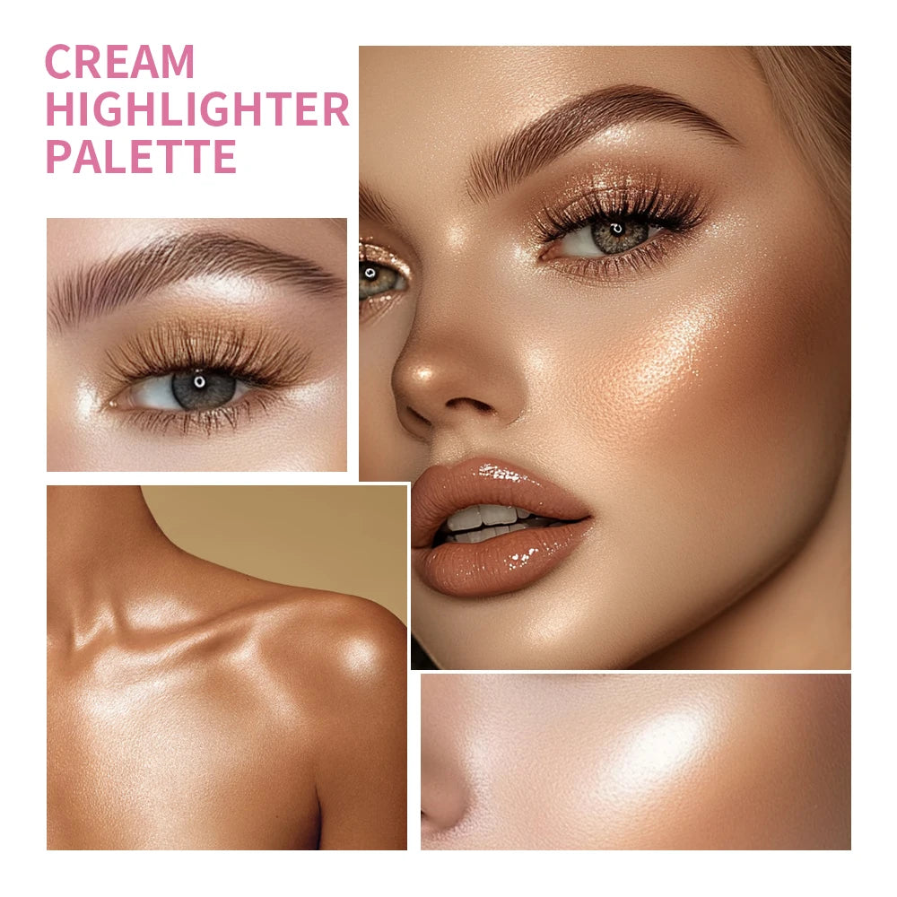 Tidesmit 8 color cream highlighter palette shade swatches for face makeup shimmer and waterproof glow