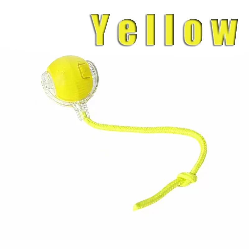 Yellow interactive rechargeable smart ball toy with rope for engaging cat and dog exercise and play.