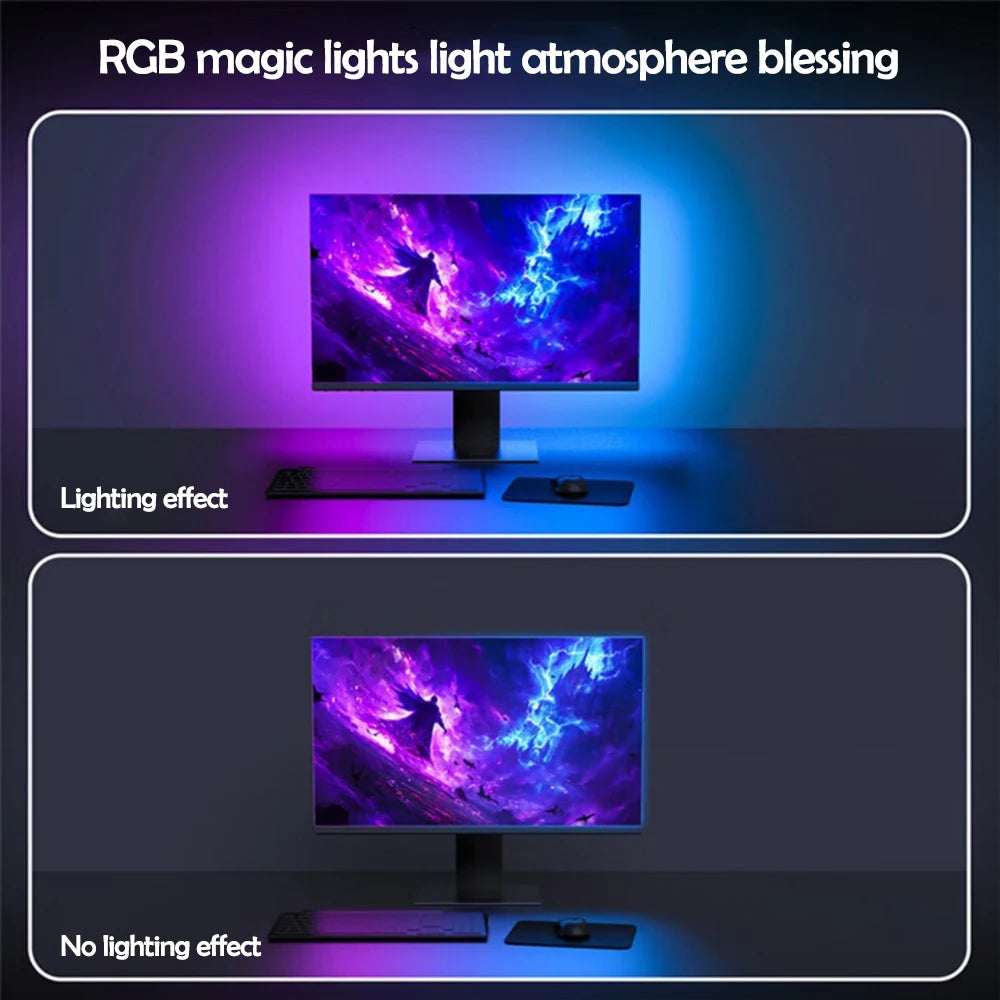 RGB monitor backlight light strip with purple-blue lighting effect