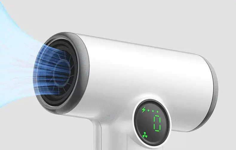 White portable cordless hair dryer with digital display and high-speed airflow for travel, dormitory, and home use.