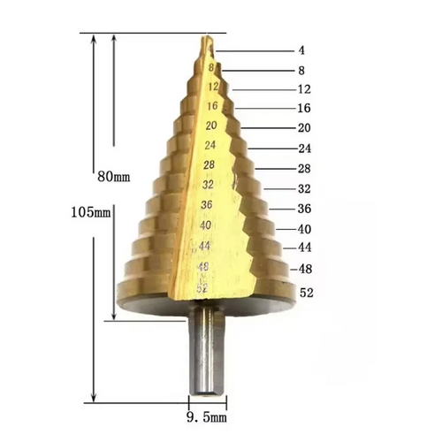 Gold step drill bit size diagram with 105 mm overall length and 4–52 mm steps