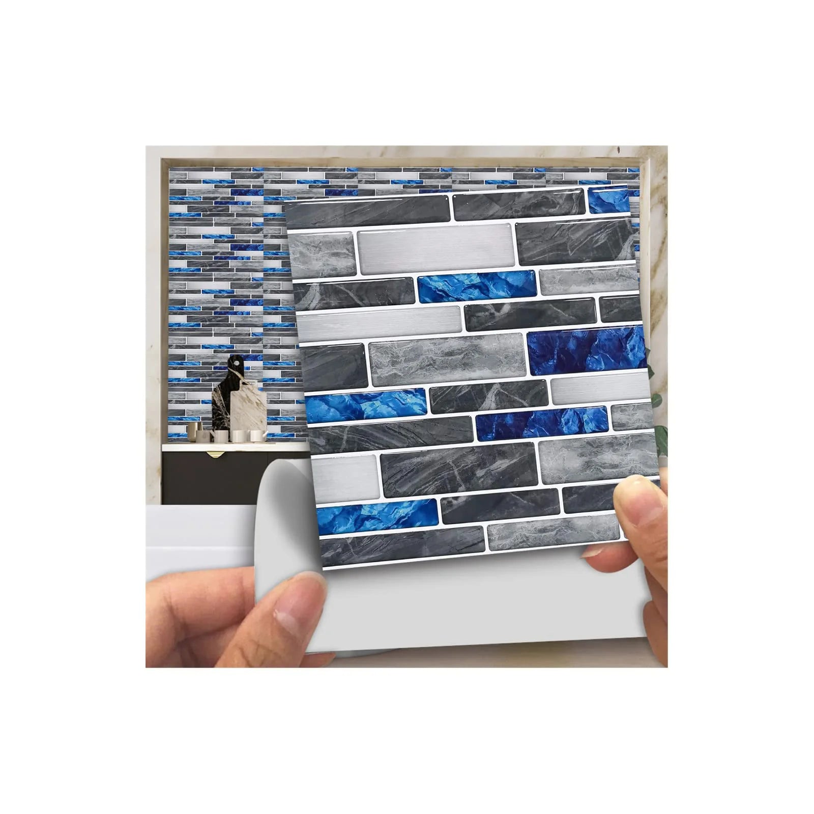 Self-adhesive 3D mosaic tile sticker sheet held up, blue and gray brick pattern