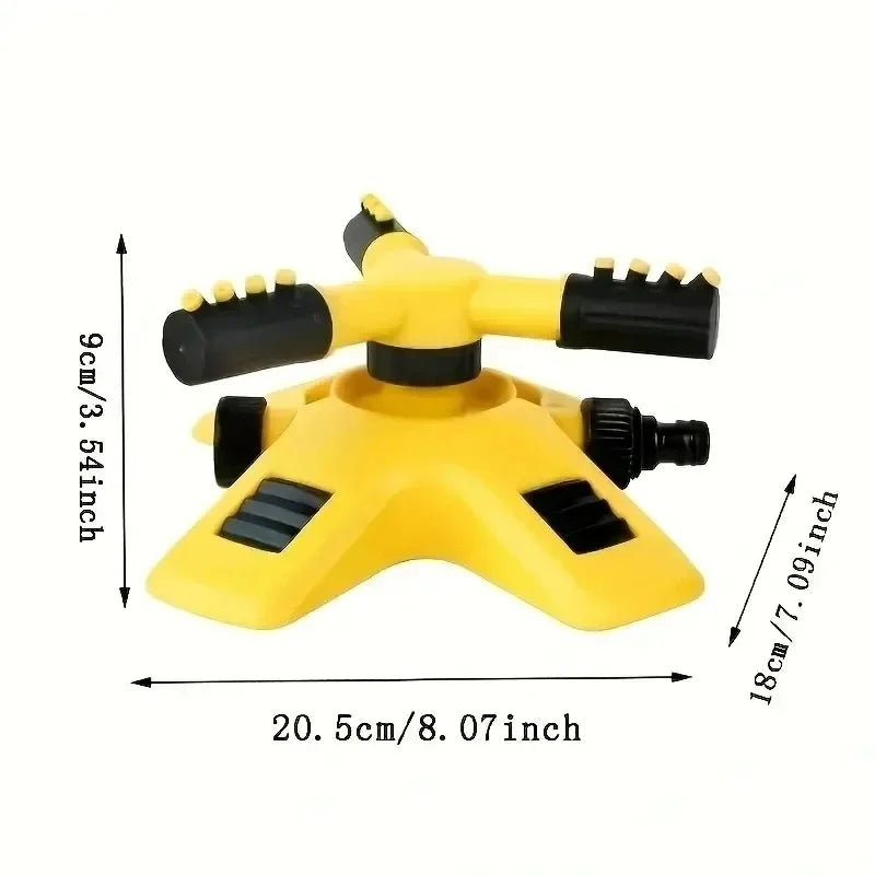 Yellow and black 360-degree rotating garden sprinkler head with side spray nozzles