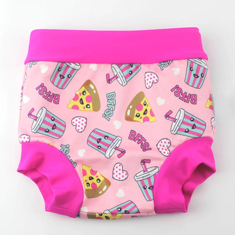 Reusable swim diaper for babies featuring a pink pizza and milkshake BFFs print with bright pink trim.