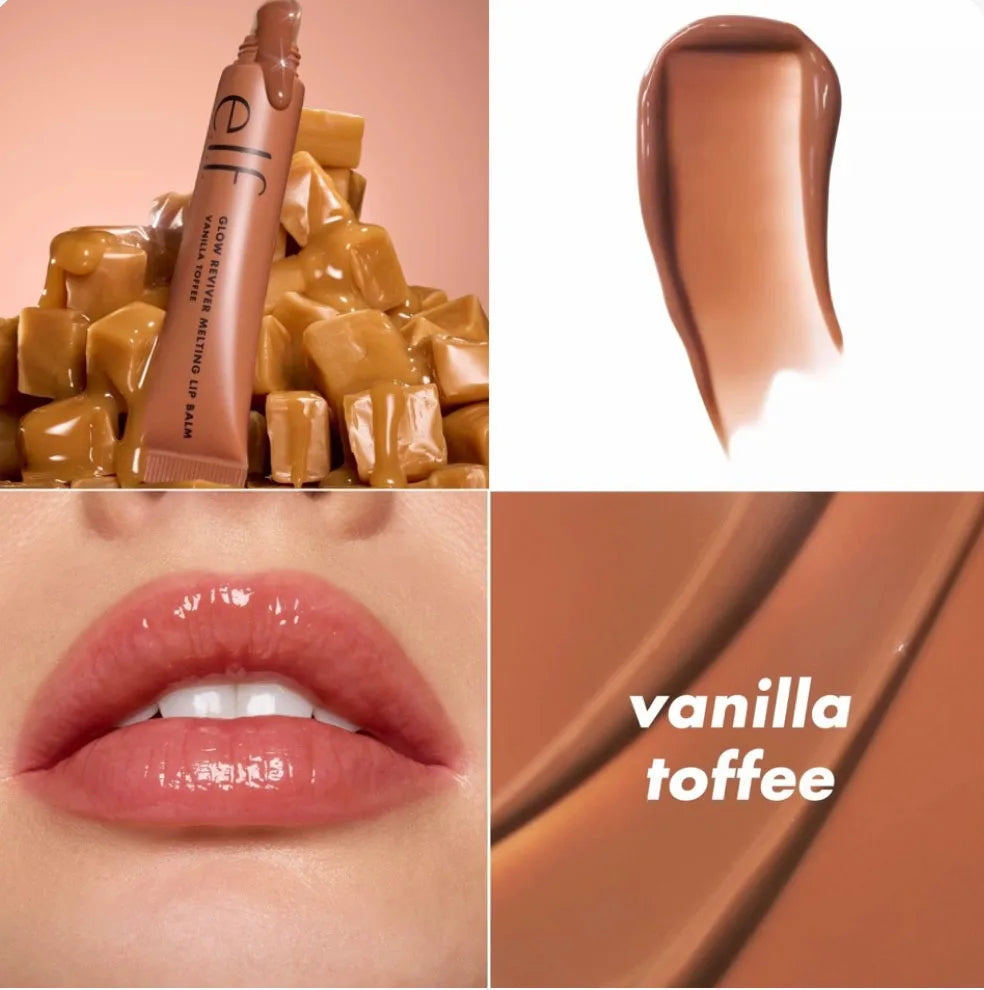 e.l.f. Glow Reviver Melting Lip Balm in Vanilla Toffee: a glossy, brown-toned nude lip treatment with smooth texture.