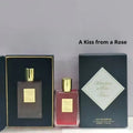 By Kilian A Kiss from a Rose 50ml unisex EDP, floral woody oriental, gold-capped rectangular luxury perfume bottle.