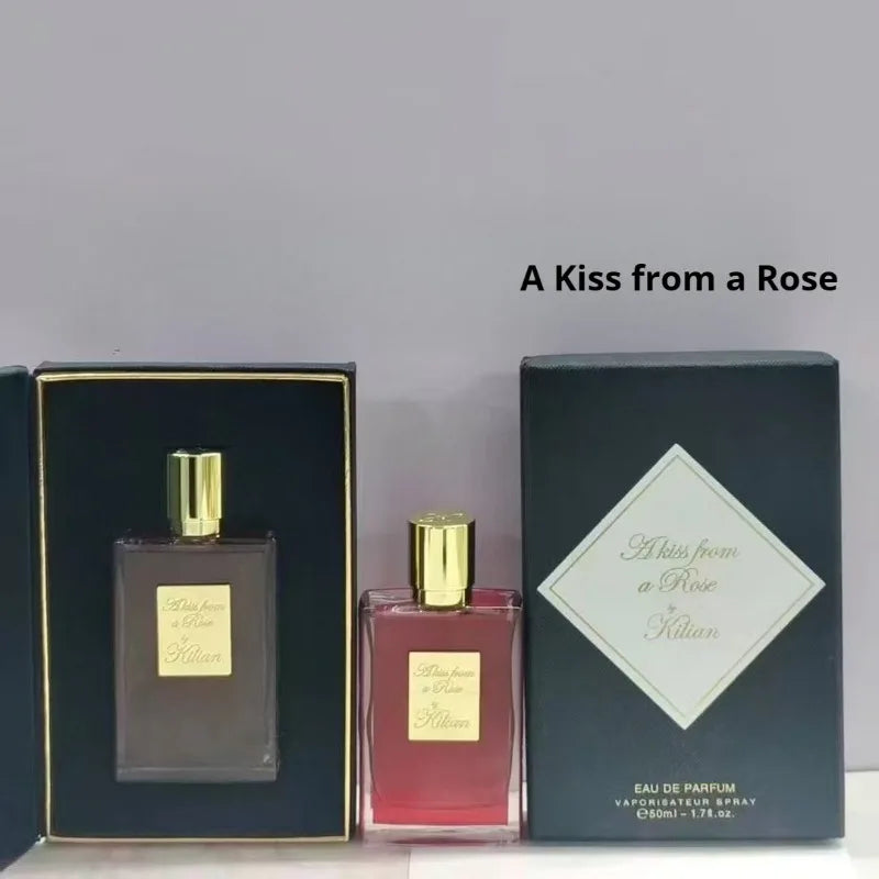 By Kilian A Kiss from a Rose 50ml unisex EDP, floral woody oriental, gold-capped rectangular luxury perfume bottle.