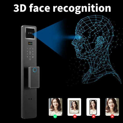 Dark gray video door lock intercom with keypad and fingerprint reader, face recognition display