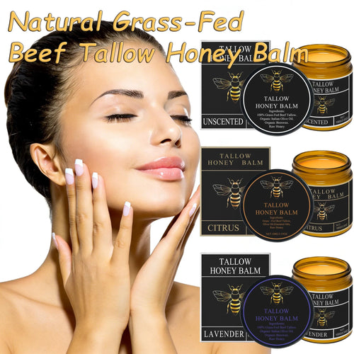 Tallow honey balm moisturizer jars with lavender, citrus, and unscented labels