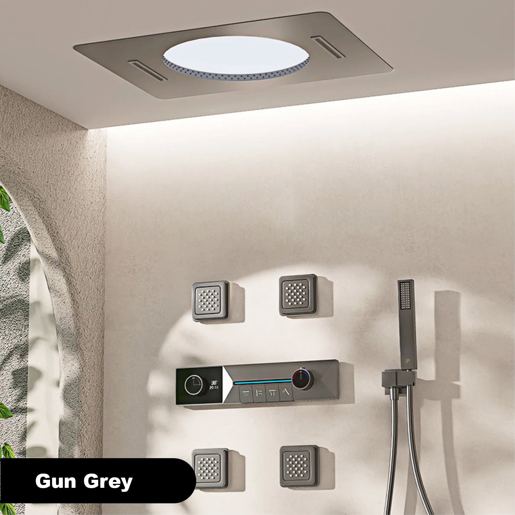 Gunmetal Gray Ceiling Mounted 4-Function Waterfall Shower System with Embedded Brass Thermostatic LED Display Body for Bathroom