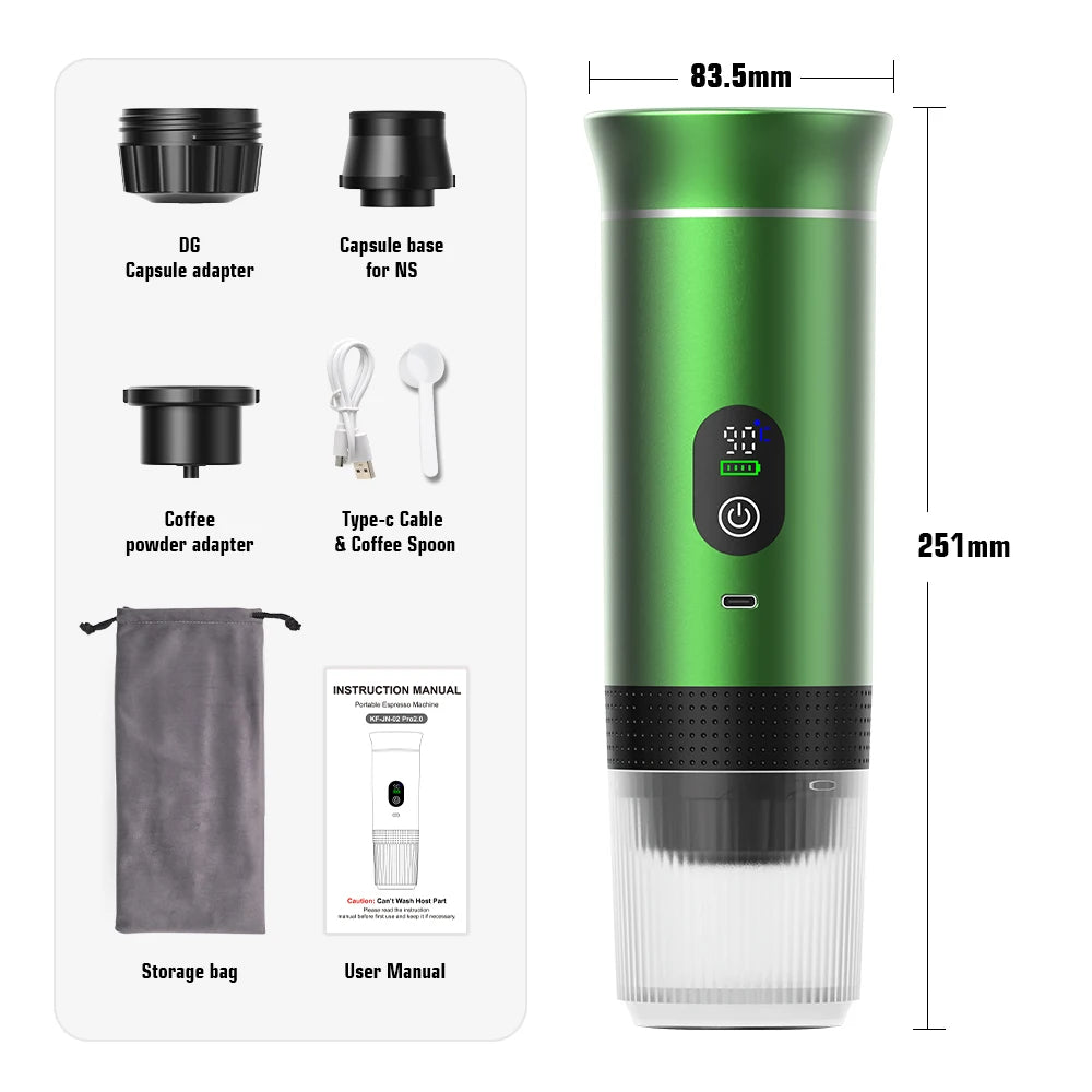 Green portable espresso maker with adapters, Type-C cable, and 251mm dimensions, shown with all included accessories.