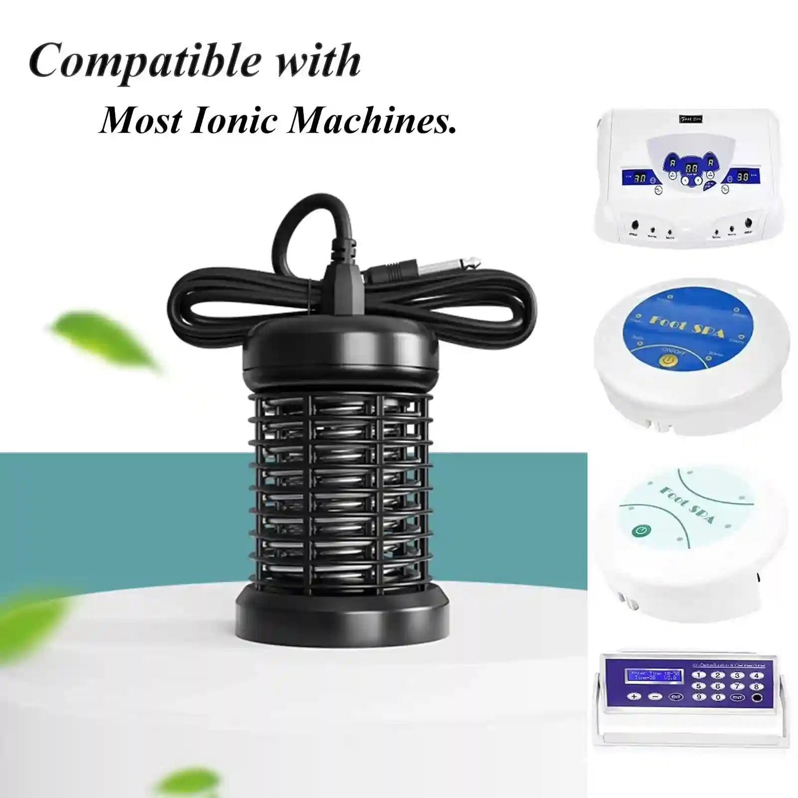 Stainless steel ionic foot detox array for spa machines, black cylindrical design with plug, compatible with foot baths.