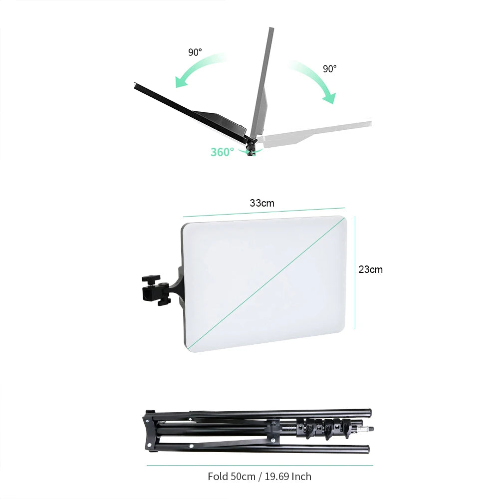 LED panel light with adjustable 360-degree bracket, 33x23cm screen, and foldable 50cm stand for studio lighting.