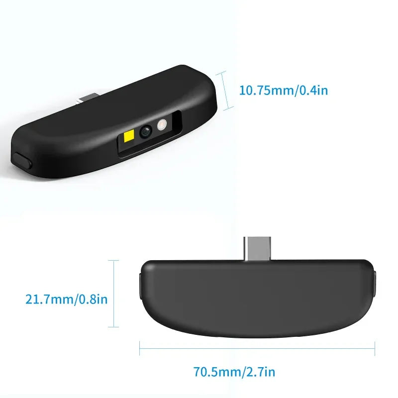 Compact black barcode scanner dongle with front window and side indicator light
