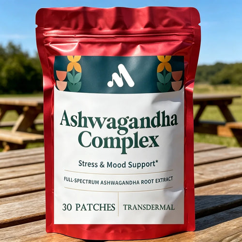 Red packaging of Ashwagandha Complex transdermal patches (30 count) for adaptogen stress and mood support.