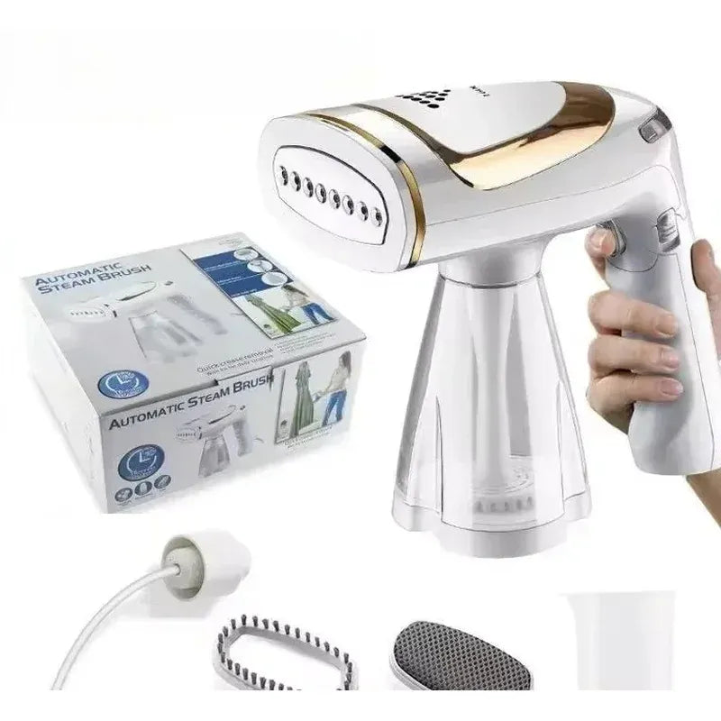 Automatic steam brush for clothes with water tank, handheld steamer, and accessories.
