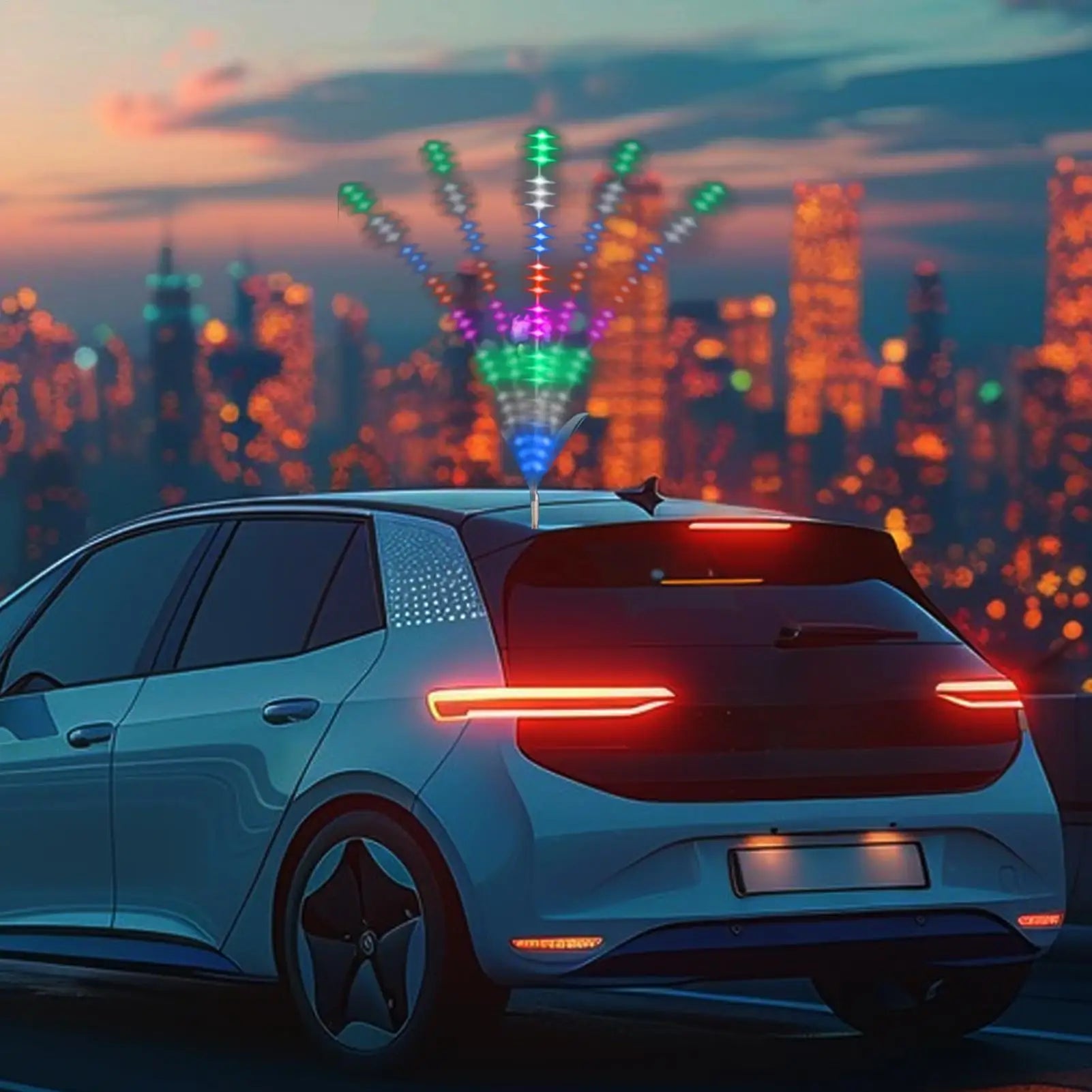 Multicolor LED car antenna topper displaying a fan-shaped light effect on a vehicle roof at night.