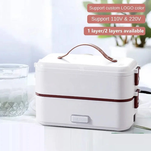 Portable electric heating lunch box, white with brown handle and latch accents.