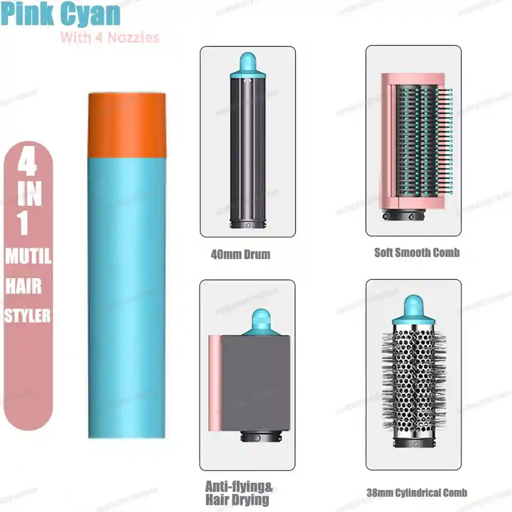 4-in-1 pink and cyan hair styler with auto-curling barrel, soft smooth brush, and hair dryer nozzle attachments.