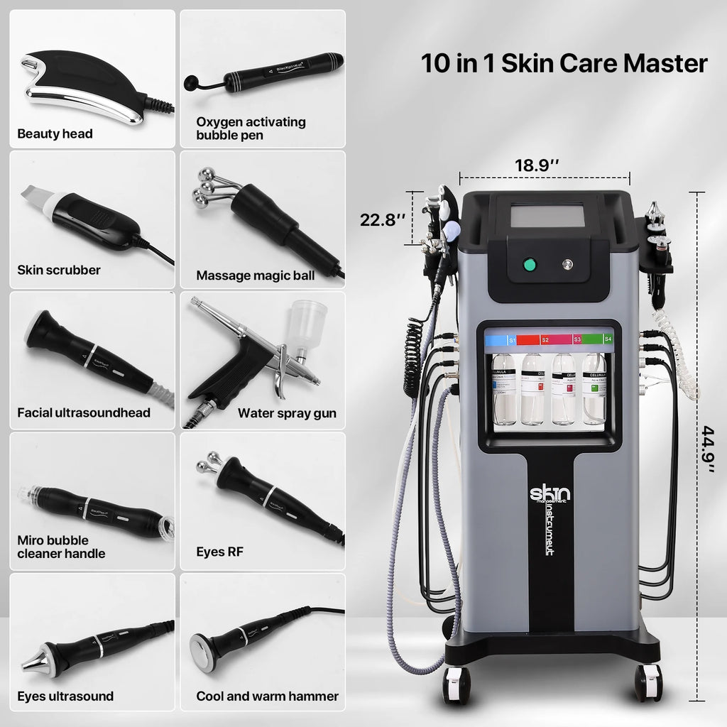 10-in-1 facial machine featuring a grey, wheeled unit with digital display and 10 individual black beauty tool wands.