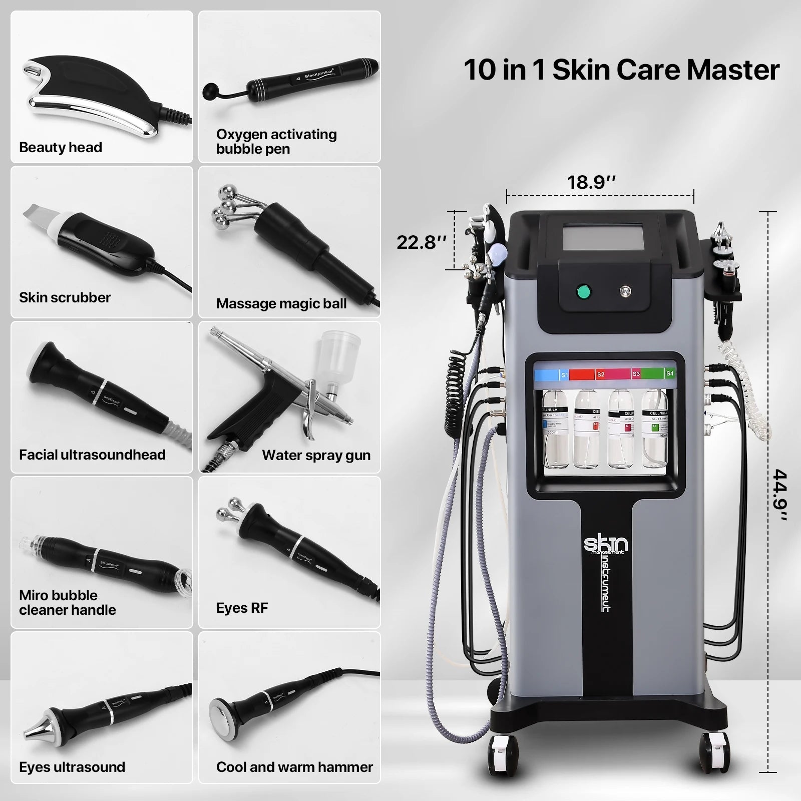 10-in-1 facial machine featuring a grey, wheeled unit with digital display and 10 individual black beauty tool wands.