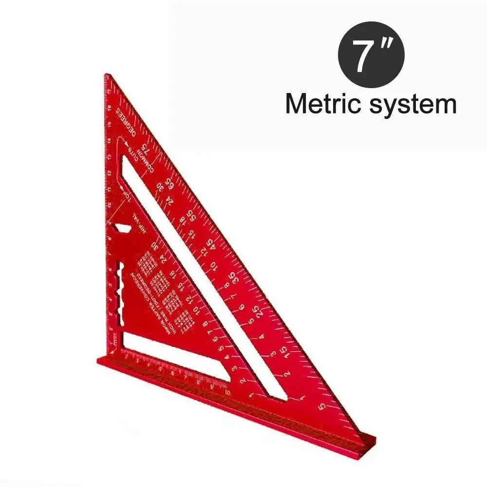 Red 7-inch triangular speed square measuring ruler with metric markings