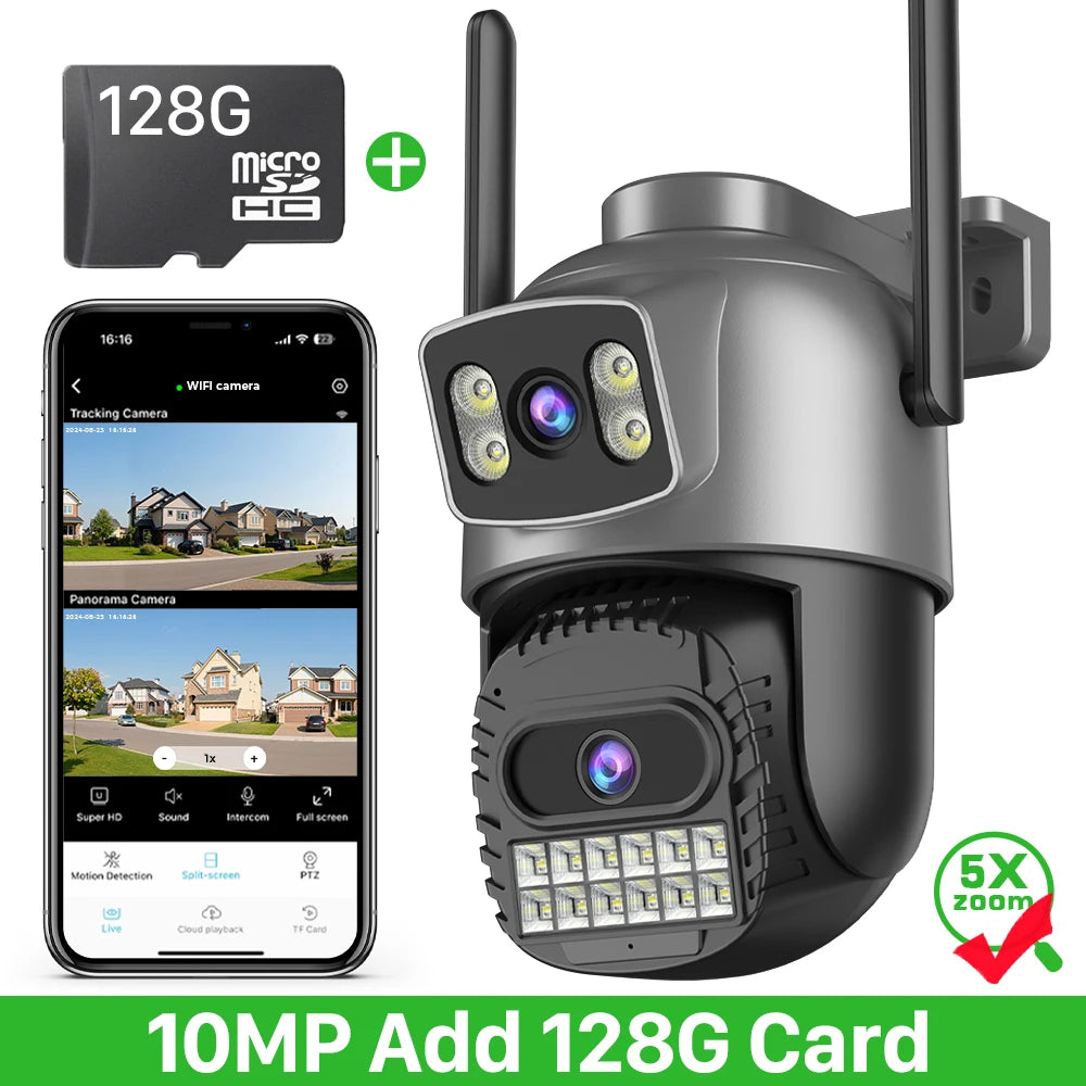 WiFi security camera bundle with 128G microSD card, dual antennas, and smartphone app