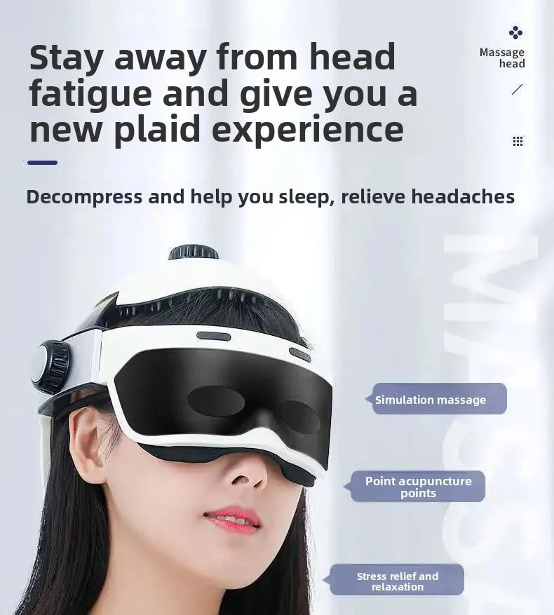 White integrated head and eye massager helmet for stress relief, headache therapy, and relaxation.