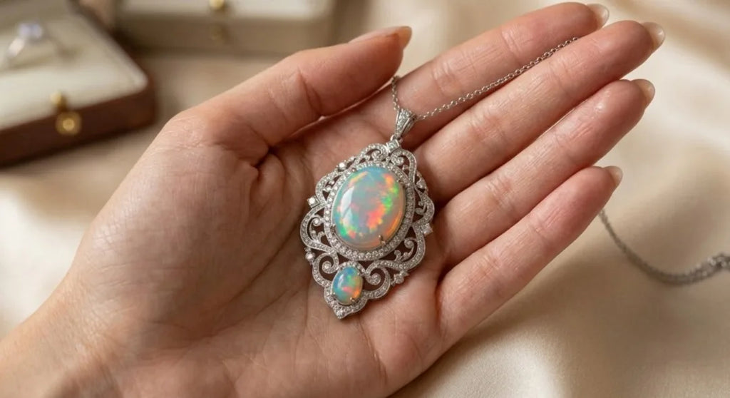 European Cultural Christian Luxury Natural Ethiopian Opal Welo Fire Pendant 925 Sterling Silver Rhodium Plated Engagement Party