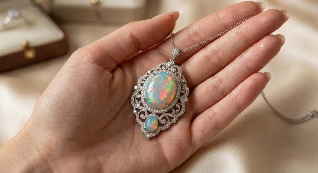 European Cultural Christian Luxury Natural Ethiopian Opal Welo Fire Pendant 925 Sterling Silver Rhodium Plated Engagement Party