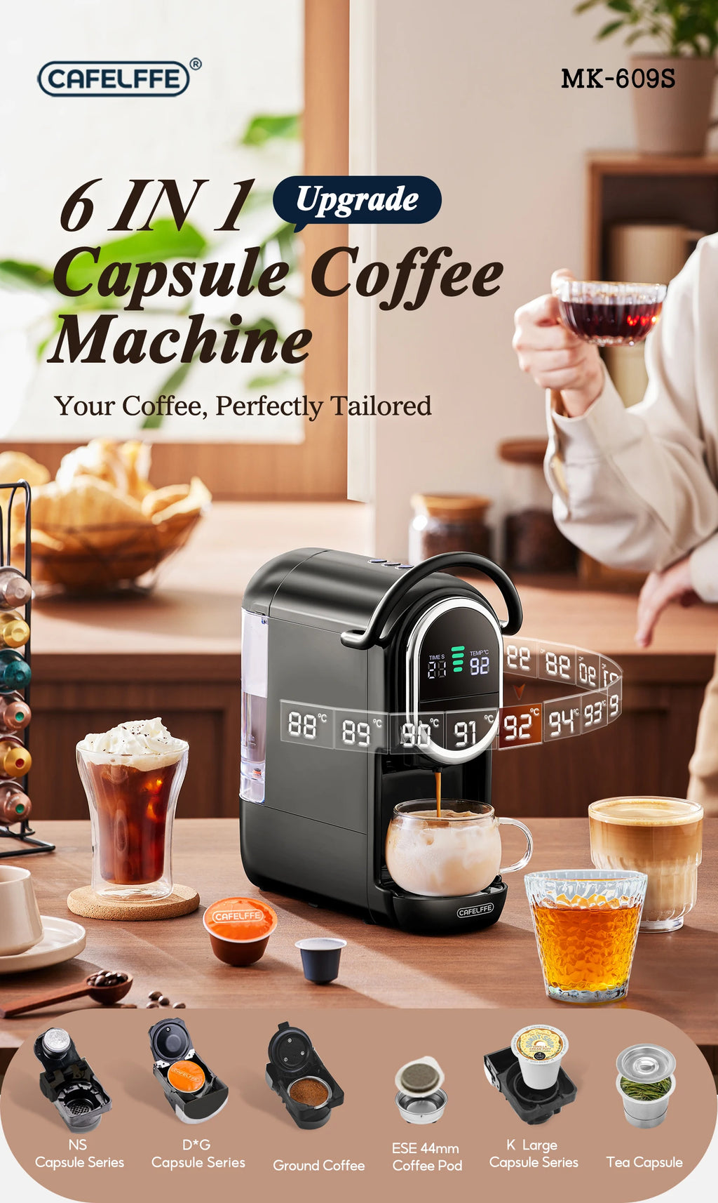 Cafelffe 6-in-1 black capsule coffee machine with digital temperature display and versatile brewing adapters.