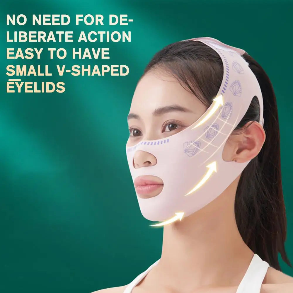 A woman wearing a pale pink, patterned facial compression V-line lifting strap over a green background.