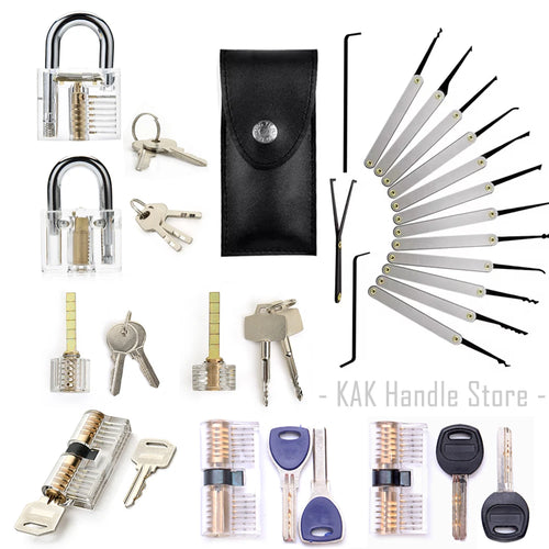 Lock picking set with transparent padlocks, metal picks, and black storage pouch.