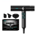 VGR V-401 black professional hair dryer with digital display, BLDC motor, and 3 styling attachments in display box.