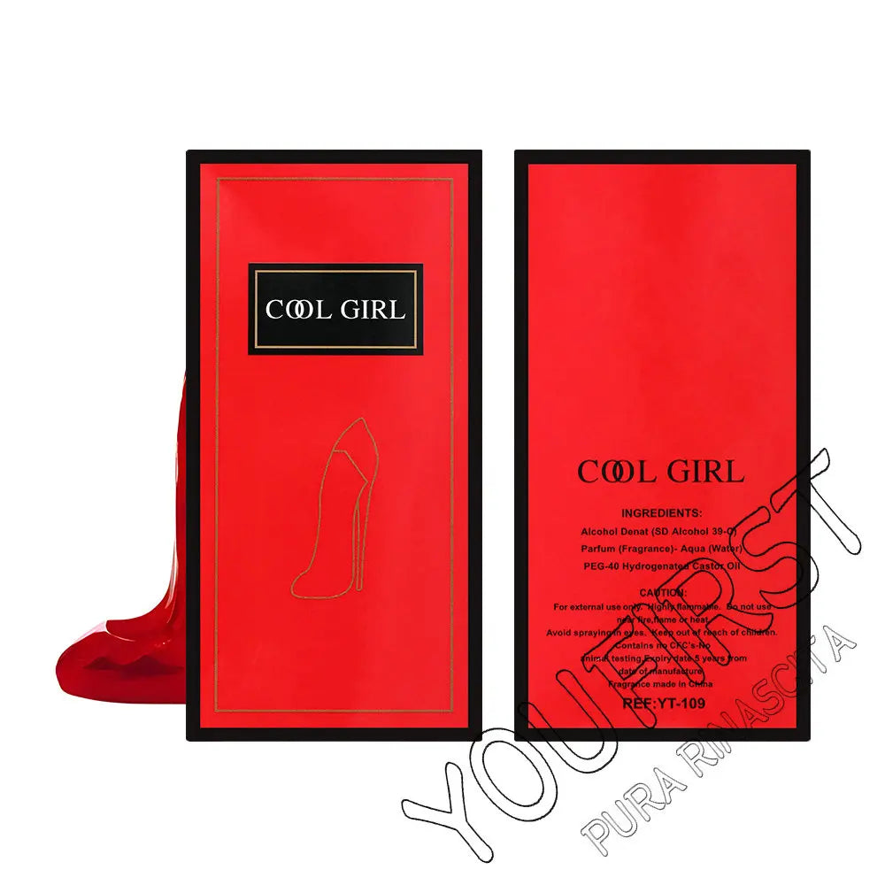 Cool Girl 90ml luxury floral perfume for women. Stiletto-shaped bottle, red packaging, long-lasting EDP fragrance spray.