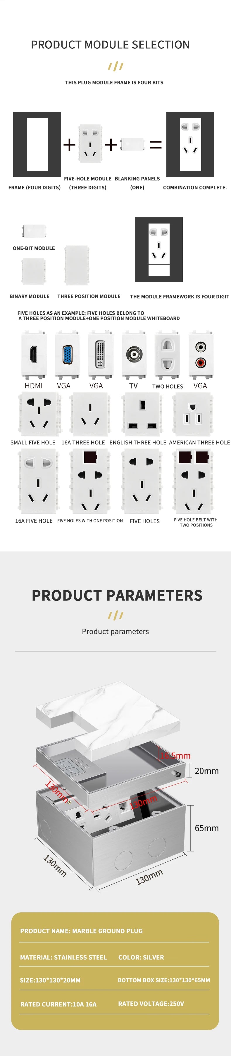 Wholesale Flat Floor Hidden Socket EU Socket Outlets Embedded Electrical Stainless Steel Marble Floor Socket Box