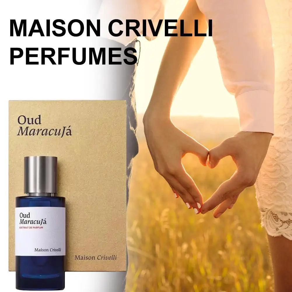 Maison Crivelli Oud Maracuja unisex Extrait de Parfum in a sleek blue bottle. Luxury oud passion fruit Arabic fragrance.