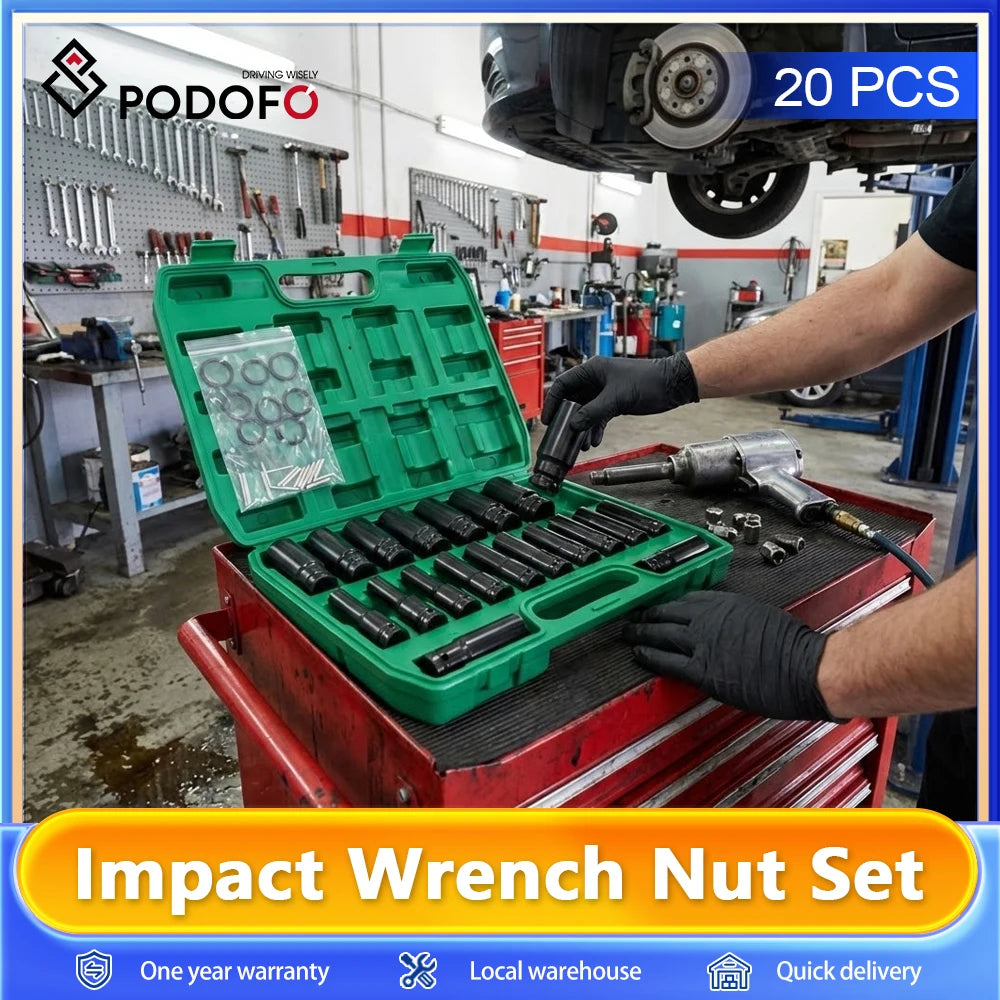 Podofo 20pcs 1/2 Inch Drive Socket Set 6 Point Hex Design Impact Socket Set Impact Wrench Nut Spanner Set Impact Socket 8-32mm