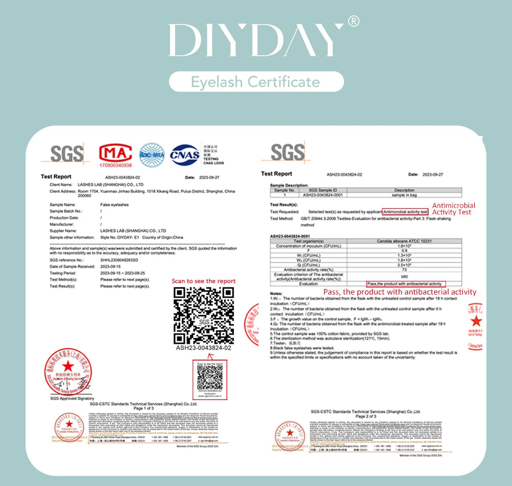 DIYDAY official SGS test report showing antimicrobial certification for false eyelash extension supplies.