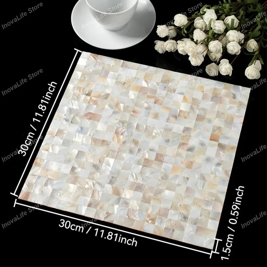 Mother of pearl mosaic tile sheet, soft white and pearl shimmer square pattern, 30x30 cm