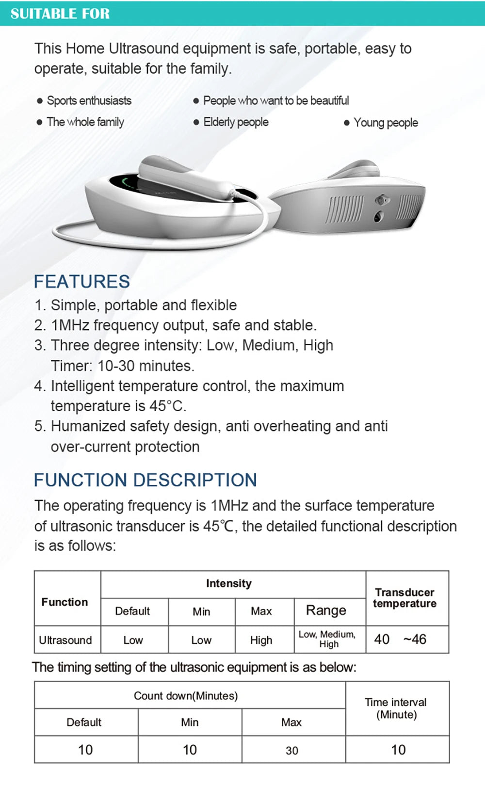 Portable 1MHz ultrasound physiotherapy device for home pain relief with intensity control and temp safety features.