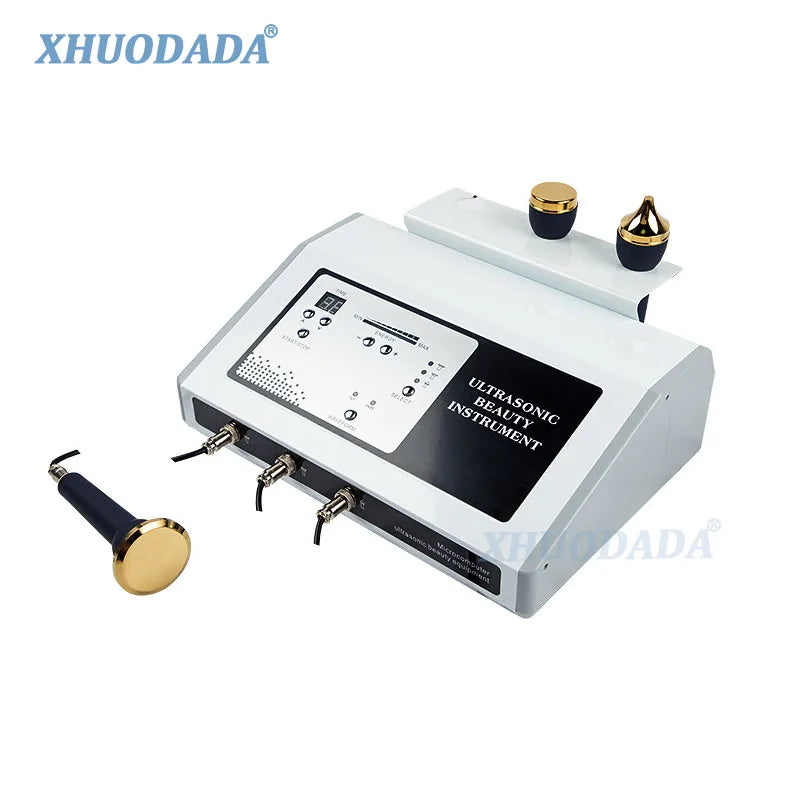 3-in-1 ultrasonic facial device with digital controls, probes, and anti-aging high-frequency micro plasma technology.