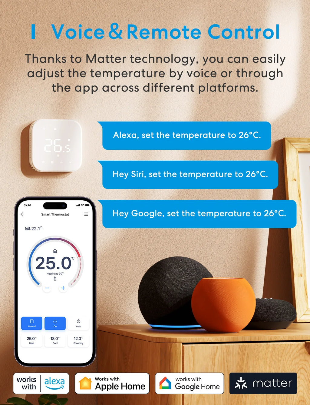 Meross Matter EU Version Thermostat MTS215/MTS215B for Electric or Boiler/Water Heating System Works with Homekit Alexa