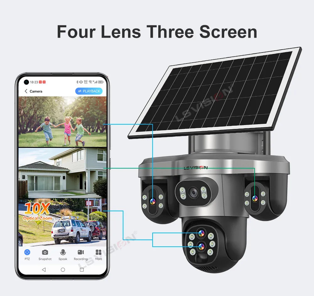 LS VISION 20MP 10X Optical Zoom 4G Solar Camera Outdoor WiFi Three Screen 3PTZ 360° Auto Tracking Security CCTV Camera V380 Pro