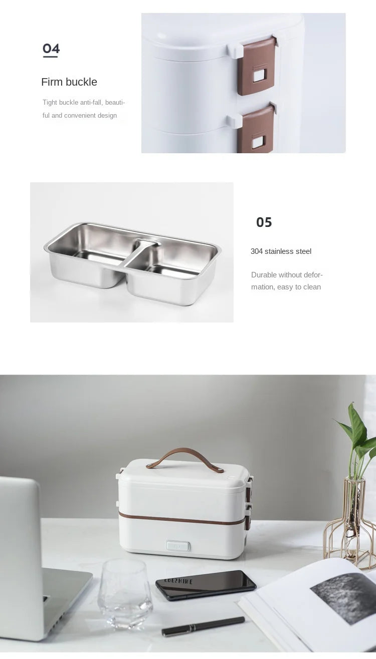 White electric lunch heating box with brown handle, secure buckles, and stainless tray