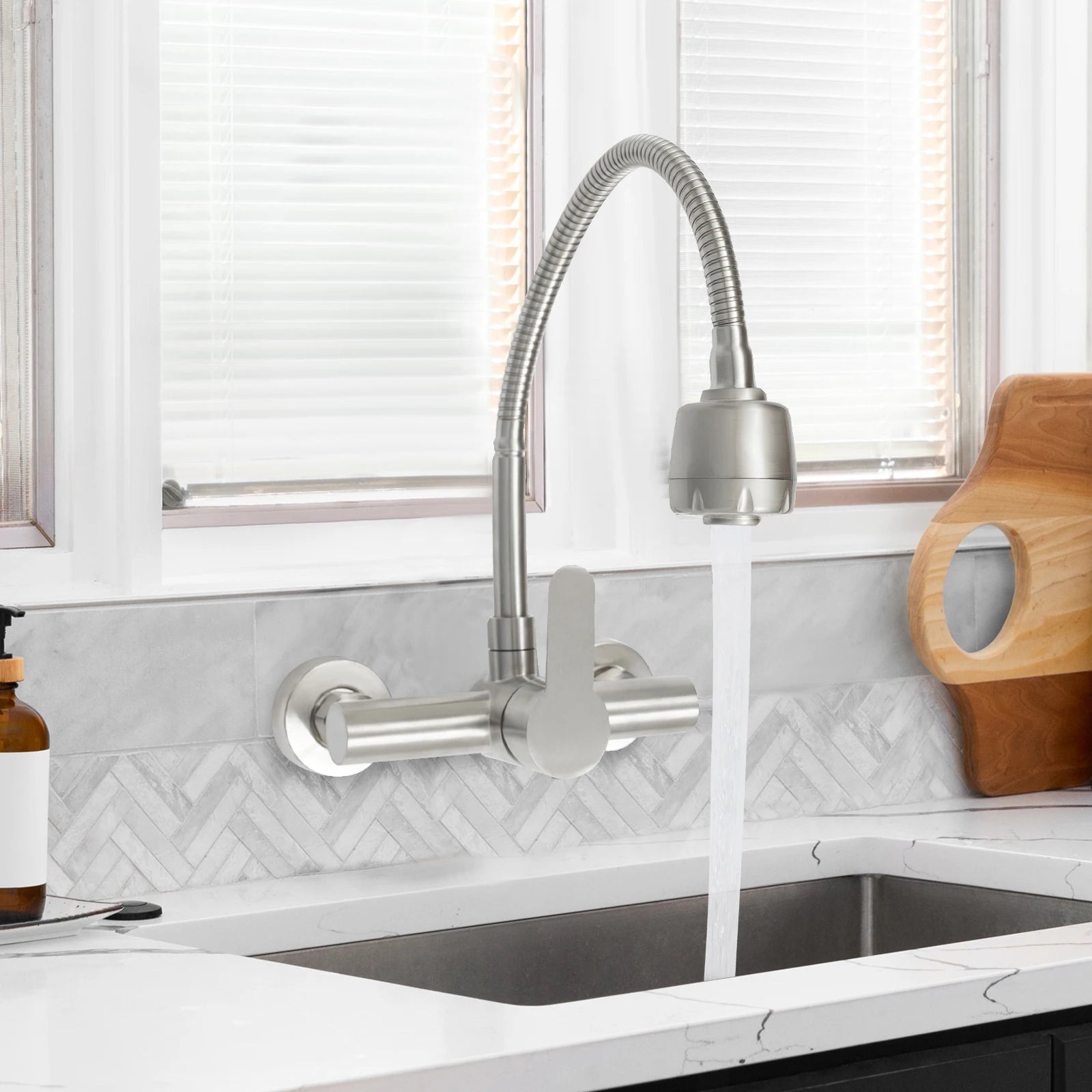 360° Rotatable Faucet with 2 Water Modes, Wall Mounted Kitchen Faucet, Hot and Cold Water Tap for Kitchen Bathroom