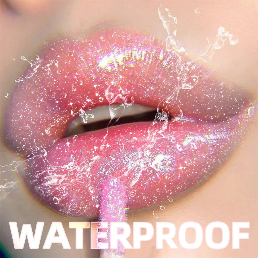 Waterproof glitter lip gloss with sparkling pink pigment and hydrating lip oil texture for a long-lasting, shiny finish.